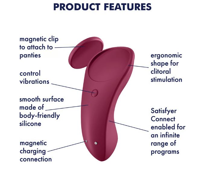 Satisfyer Sexy Secret App Controlled Panty Vibrator features ergonomic design, magnetic clip, and silicone surface for clitoral stimulation.
