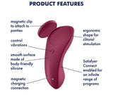 Satisfyer Sexy Secret App Controlled Panty Vibrator features ergonomic design, magnetic clip, and silicone surface for clitoral stimulation.