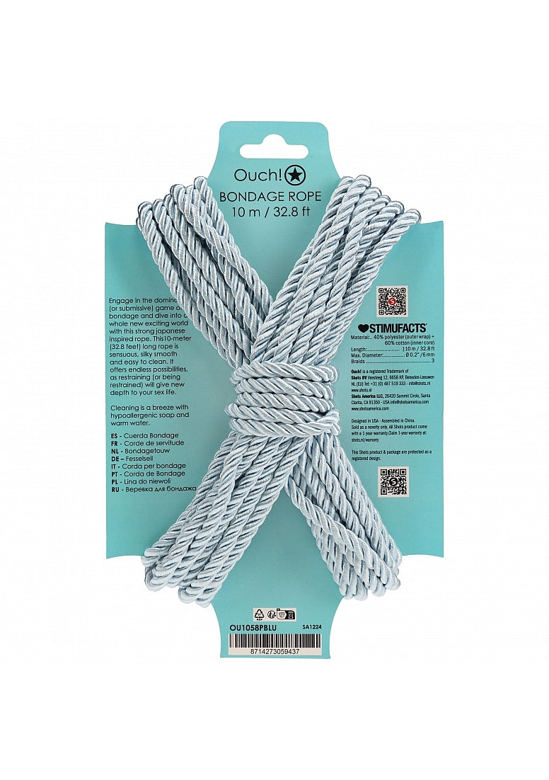 Ouch Bondage Rope 10 Meters Powder Blue packaging, showcasing the silky smooth rope, ideal for bondage play.