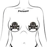Pastease Skull Black Glitter Candy Pasties featuring a candy skull and crossbones design on a body outline.