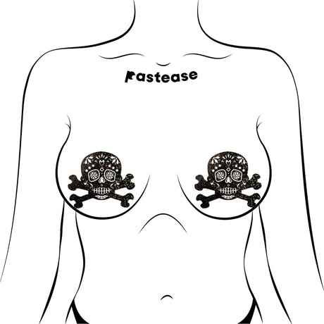 Pastease Skull Black Glitter Candy Pasties featuring a candy skull and crossbones design on a body outline.