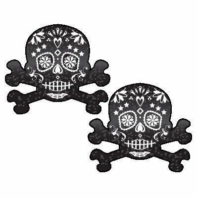 Pastease Skull Black Glitter Candy Pasties featuring a black glitter skull and crossbones design for edgy fashion.
