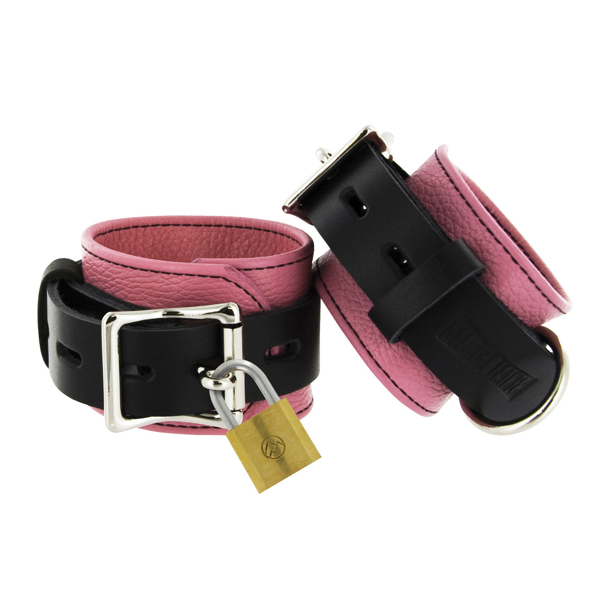 Strict Leather Pink and Black Deluxe Locking Wrist Cuffs featuring adjustable soft leather design and secure locking mechanism.