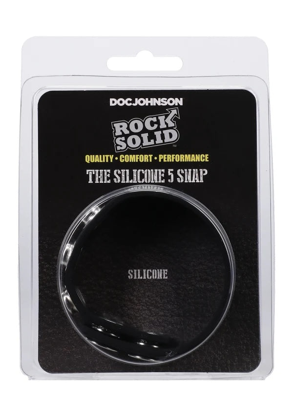 Rock Solid Silicone 5 Snap Adjustable Cock Ring Translucent clear packaging showcasing the product.
