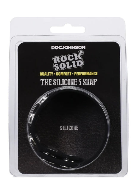 Rock Solid Silicone 5 Snap Adjustable Cock Ring Translucent clear packaging showcasing the product.