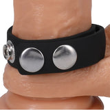 Rock Solid Silicone 5 Snap Adjustable Cock Ring Translucent shown on a model for comfort and adjustable fit.