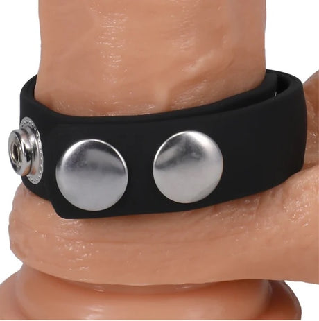 Rock Solid Silicone 5 Snap Adjustable Cock Ring Translucent shown on a model for comfort and adjustable fit.