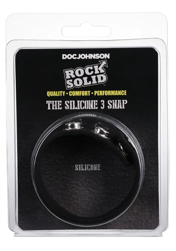 Rock Solid Silicone 3 Snap Adjustable Cock Ring Black in packaging, featuring three nickel snap positions for adjustable fit.