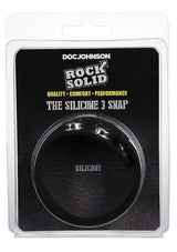 Rock Solid Silicone 3 Snap Adjustable Cock Ring Black in packaging, featuring three nickel snap positions for adjustable fit.