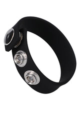 Rock Solid Silicone 3 Snap Adjustable Cock Ring Black featuring three snap positions for adjustable tension.