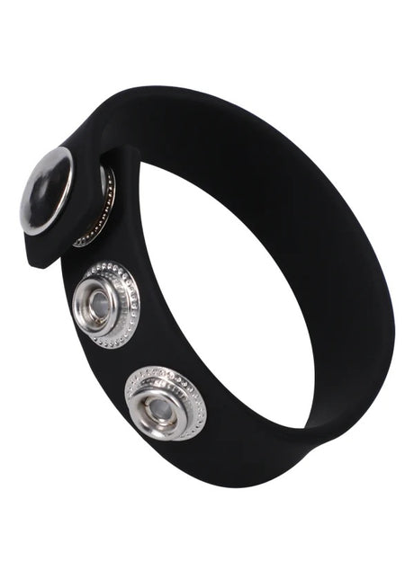 Rock Solid Silicone 3 Snap Adjustable Cock Ring Black featuring three snap positions for adjustable tension.