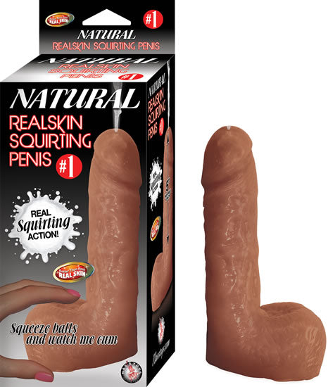 Natural Realskin Squirting Penis No 1 Brown Dildo in packaging with realistic design and squirting feature.