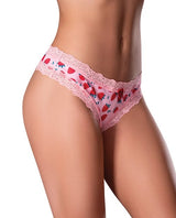 Magic Silk Sweet Treats Crotchless Thong 2XL Strawberry featuring playful strawberry print and delicate lace trim.