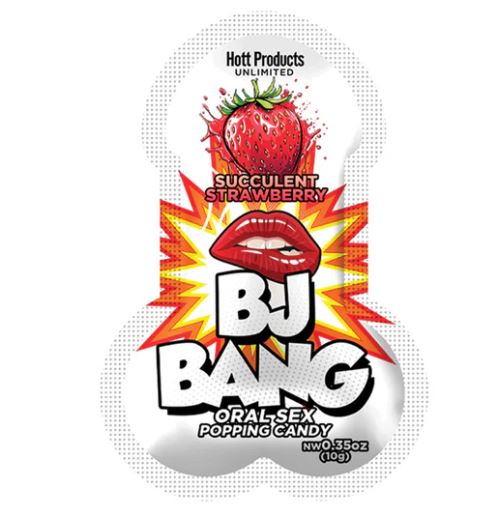 BJ Bang Strawberry Popping Oral Sex Candy 24pc Bag packaging featuring strawberry and playful design.