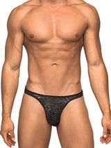 Male Power Bong Thong Stretch Lace Black S M worn by a male model showcasing its design and fit.
