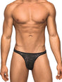 Male Power Bong Thong Stretch Lace Black S M worn by a male model showcasing its design and fit.