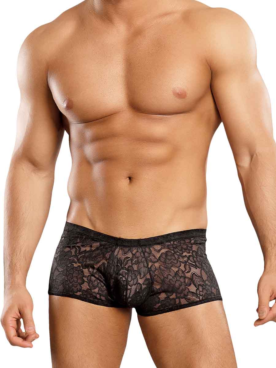Male Power Mini Short Stretch Lace Black Small on a model showcasing a bold floral lace design and comfort-fit pouch.