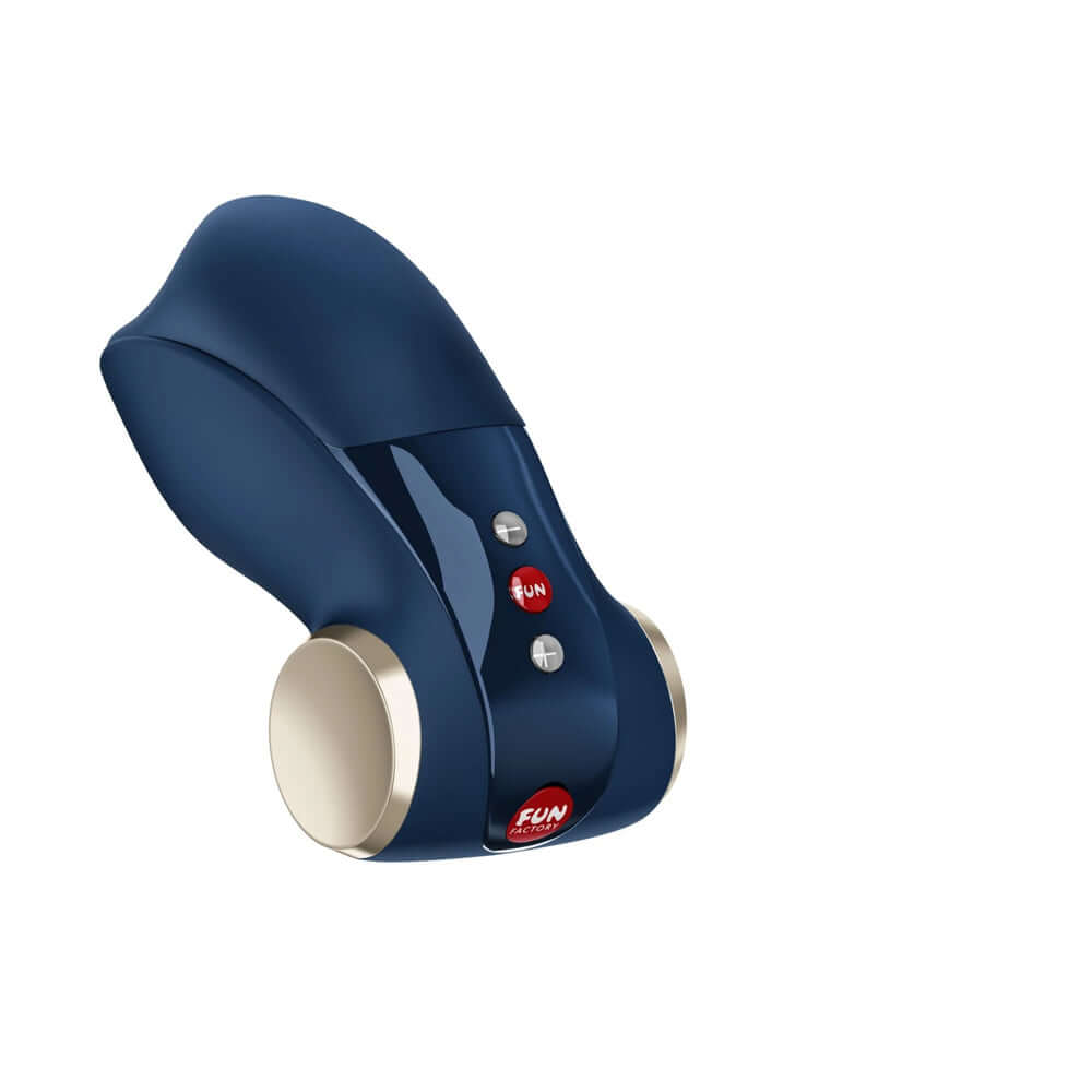 Fun Factory Cobra Libre II Vibrating Masturbator Night Blue side view showing buttons and sleek design.