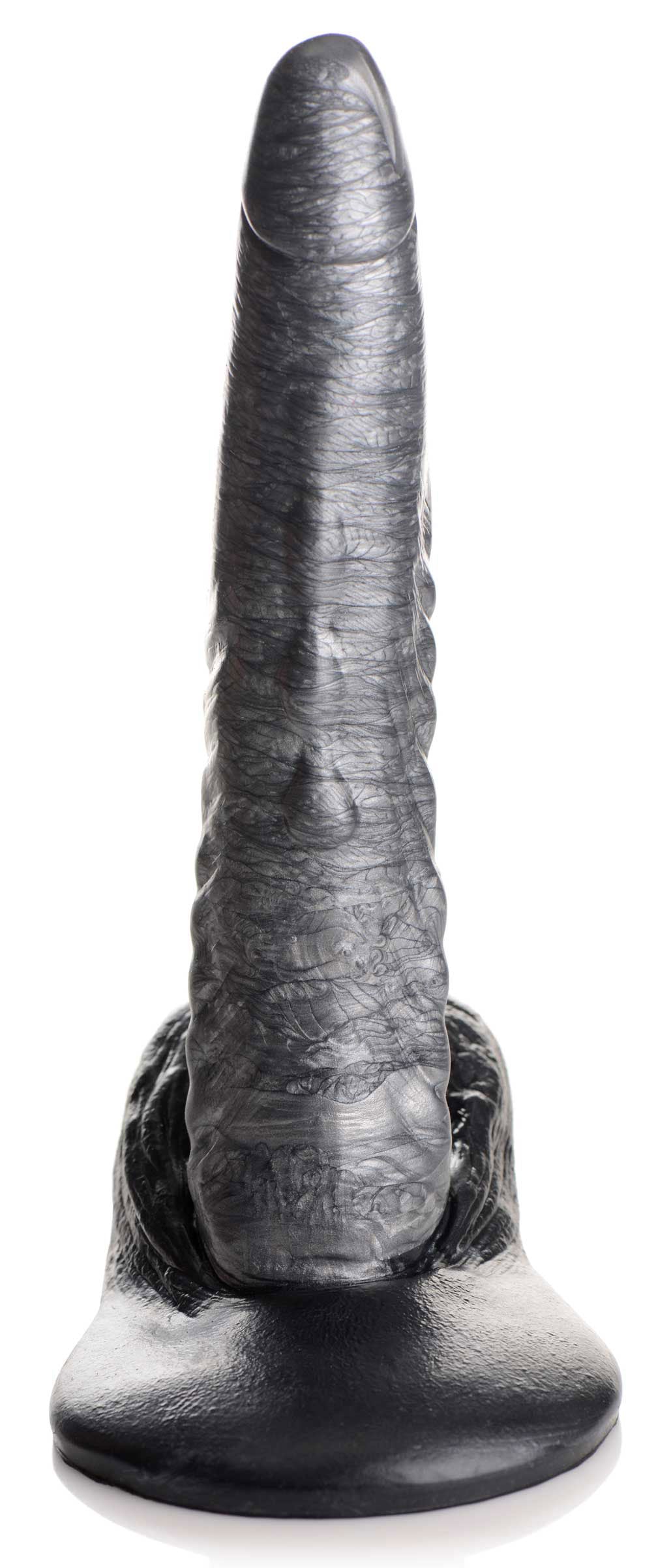The Gargoyle Rock Hard Silicone Dildo Silver featuring a detailed, ridged shaft and sturdy base.