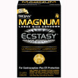 Trojan Magnum Ecstasy Ultrasmooth Lubricated Condoms 10 pack box featuring large size condoms with lubrication.