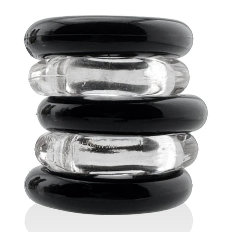 Oxballs Jacker 5-Stack Five-Pack Tube Super-Strong Cockrings stacked for versatile play and comfort.