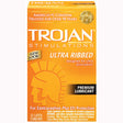 Trojan Stimulations Ultra Ribbed 12 Pack Condoms packaging featuring premium lubricant for enhanced pleasure.