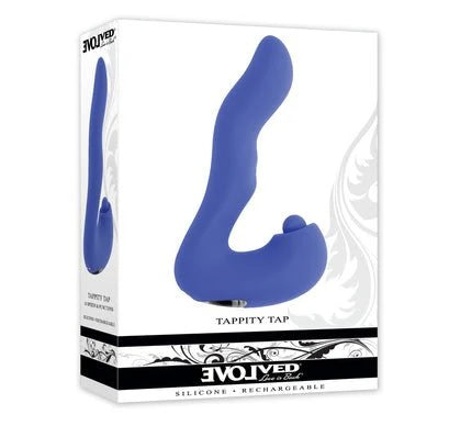 Evolved Tappity Tap Silicone Vibrator Blue packaging showcasing its unique design and features.