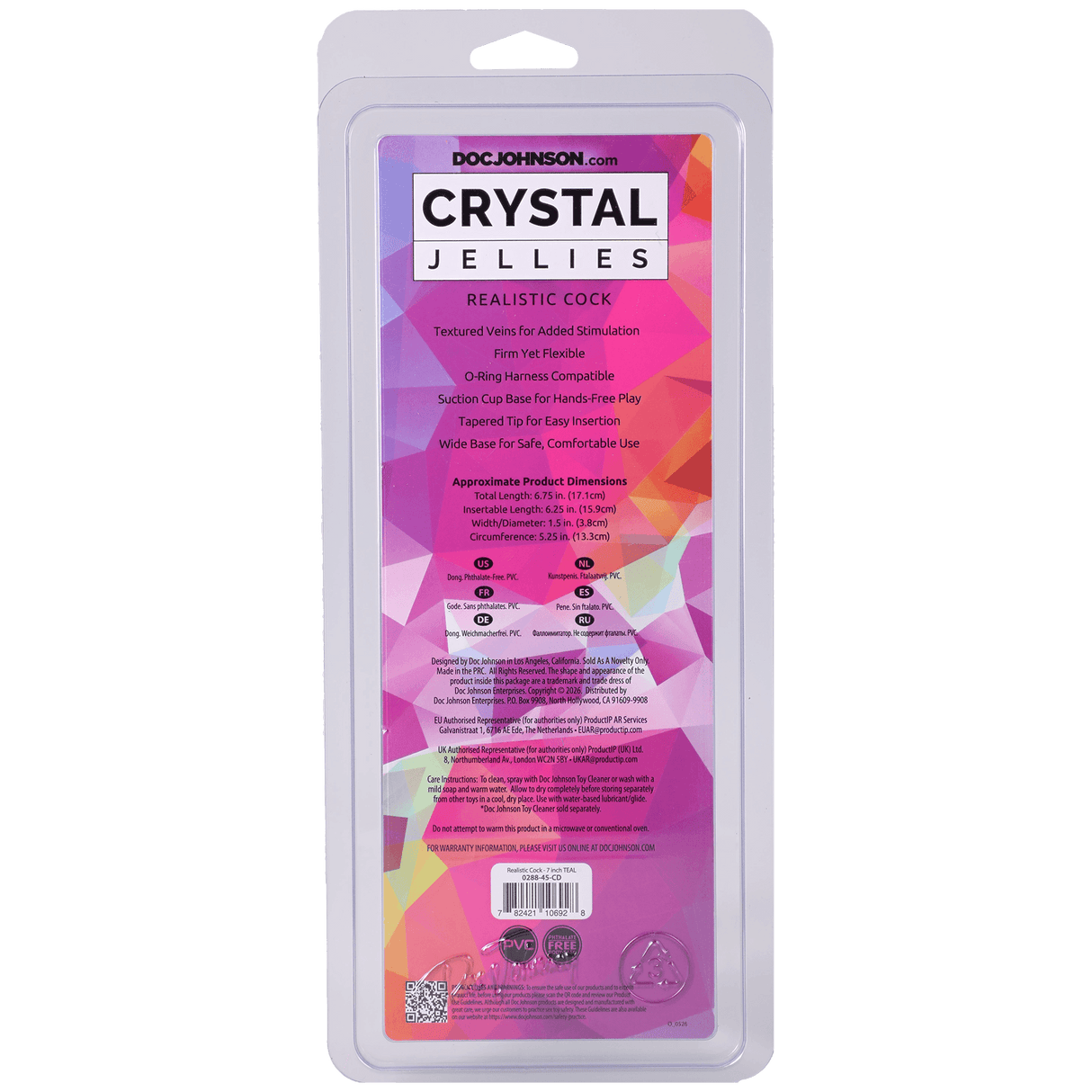 Crystal Jellies Realistic Cock 7 Inches Teal product packaging featuring key features and dimensions.