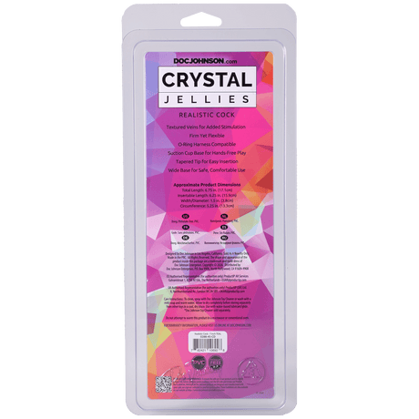 Crystal Jellies Realistic Cock 7 Inches Teal product packaging featuring key features and dimensions.