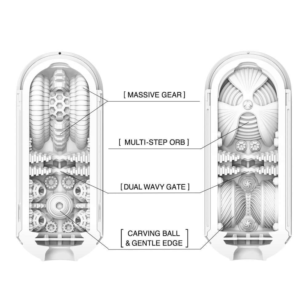 Detailed view of the internal structure of Tenga Flip Zero Gravity White Male Stroker, highlighting unique features and textures.