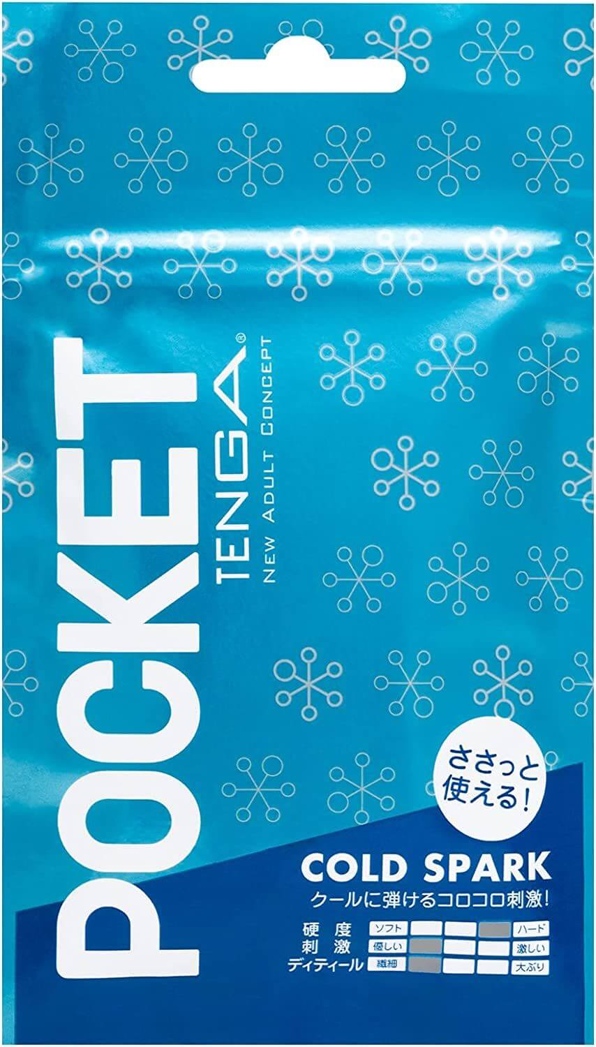 Pocket Tenga Cold Spark Disposable Masturbator package design with blue background and abstract patterns.