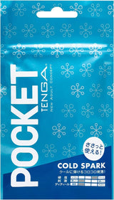Pocket Tenga Cold Spark Disposable Masturbator package design with blue background and abstract patterns.