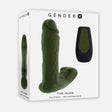 Gender X The Hunk Thrusting Vibrating Dildo Green in packaging with remote control visible.