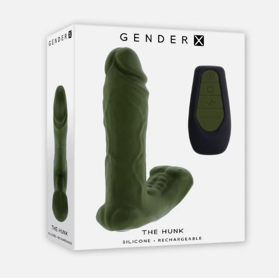 Gender X The Hunk Thrusting Vibrating Dildo Green in packaging with remote control visible.