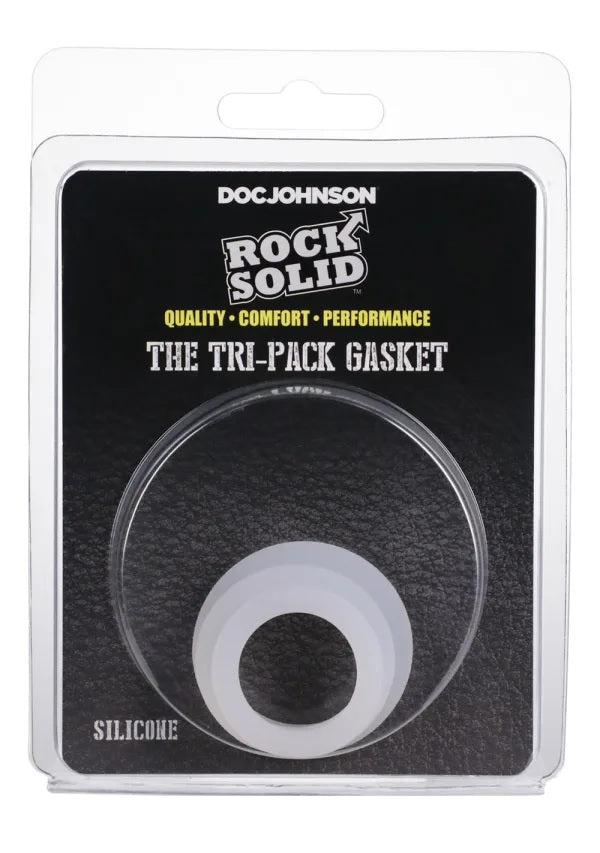 Rock Solid Tripack Gasket Cock Rings Translucent packaging showing silicone rings for comfort and performance.