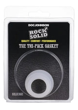 Rock Solid Tripack Gasket Cock Rings Translucent packaging showing silicone rings for comfort and performance.