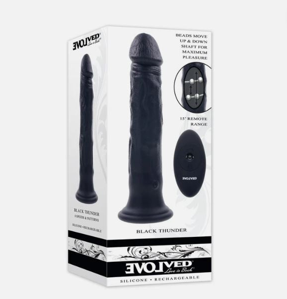 Evolved Black Thunder Vibrating Silicone Dildo Remote packaging showcasing realistic design and remote control features.