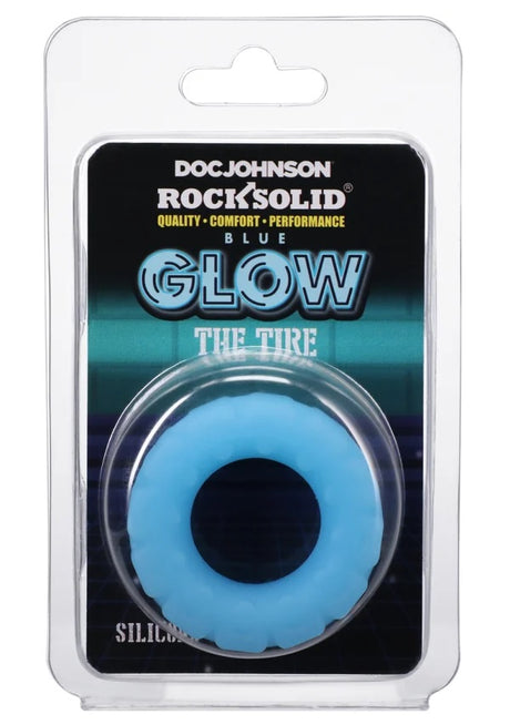 Rock Solid Tire Blue Glow Silicone Cock Ring in packaging, showcasing a blue glow and unique tire tread design.