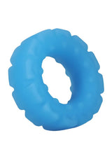 Rock Solid Tire Blue Glow Silicone Cock Ring with rugged tire tread design and blue silicone material.