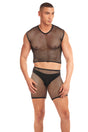 Pink Lipstick Net-Bula 3pc Lingerie Set Small/Medium Black modeled by a male in a black mesh outfit.