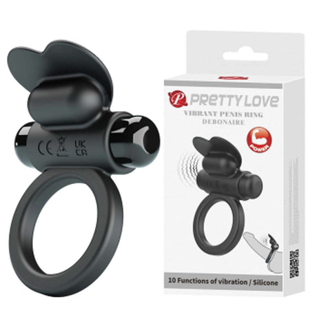 Pretty Love Debonaire Vibrating Rabbit Cock Ring Black with packaging and product features displayed