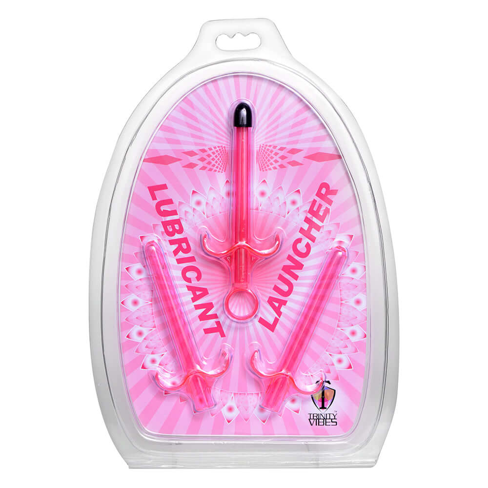Trinity Vibes 3-Pack Pink Lubricant Launchers in clear packaging for easy insertion and enhanced pleasure.