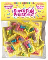 Super Fun Penis Candy 25 Individual Fun-Size Packages featuring colorful, playful penis-shaped hard candies in fun-size bags.