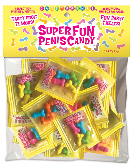 Super Fun Penis Candy 25 Individual Fun-Size Packages featuring colorful, playful penis-shaped hard candies in fun-size bags.