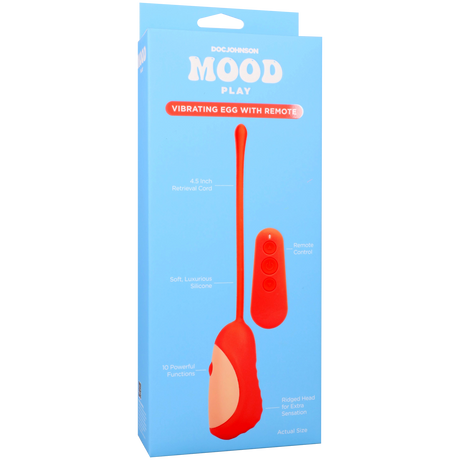 Mood Play Vibrating Egg With Remote Orange packaging displaying features and remote control options.