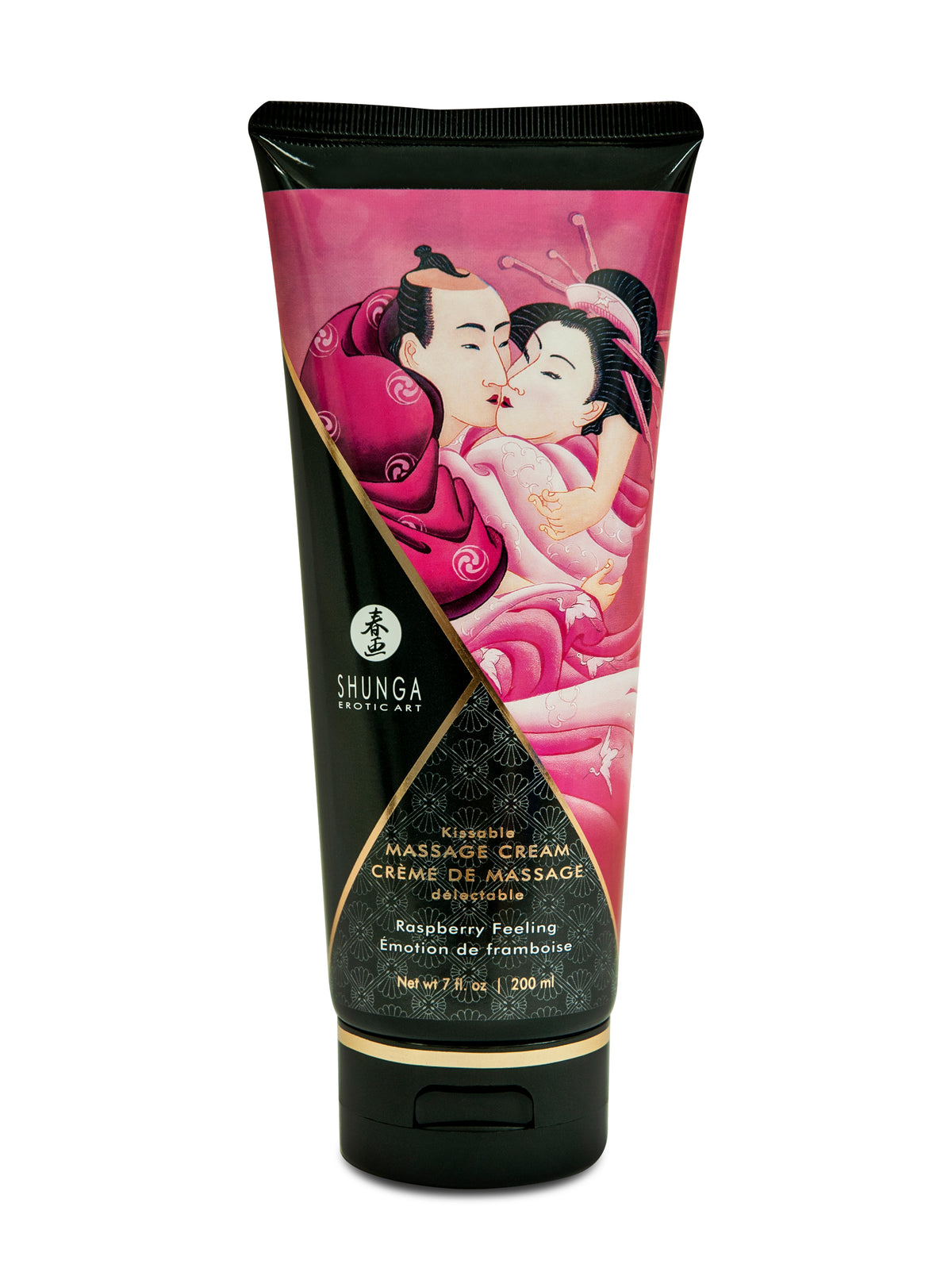 Shunga Kissable Massage Cream Raspberry Feeling 7 Fl Oz packaged in an artistic tube, perfect for intimate massages.