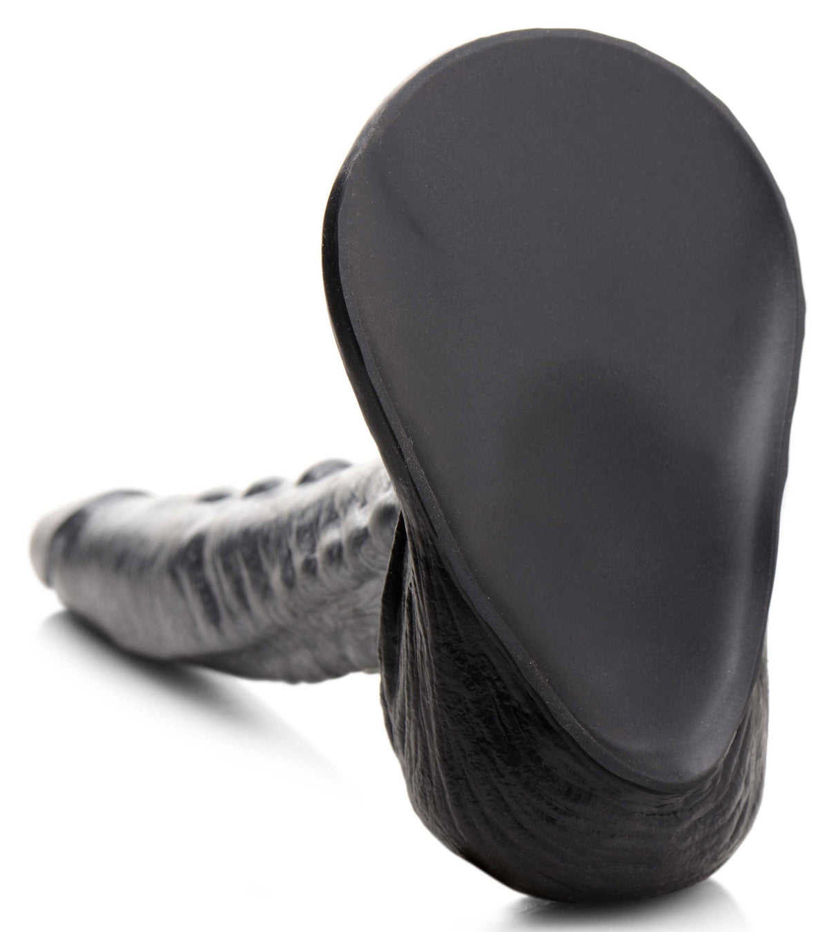 The Gargoyle Rock Hard Silicone Dildo Silver with textured shaft and flanged base, showcasing a sleek black finish.