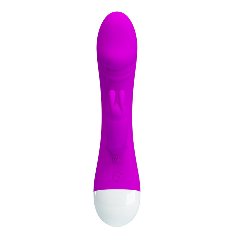 Pretty Love Will 30 Function Rabbit Style Vibrator in vibrant pink with curved shaft and clitoral arm for dual stimulation.