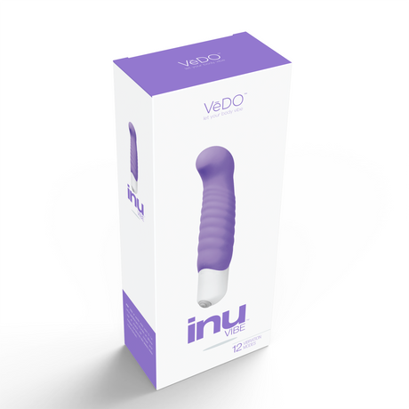 Vedo Inu Mini G-Spot Vibrator Orgasmic Orchid product packaging design featuring a sleek silicone vibe.