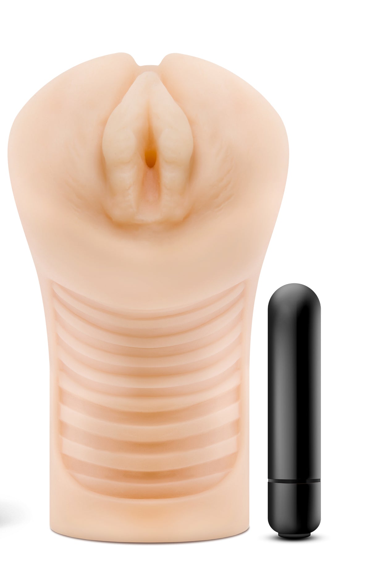 M Elite Soft and Wet Annabella Pussy Stroker Beige with included bullet vibrator next to it.